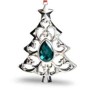 Lenox Silverplate Tree Ornament Emerald Green Crystal Gemmed Bejeweled Gift
